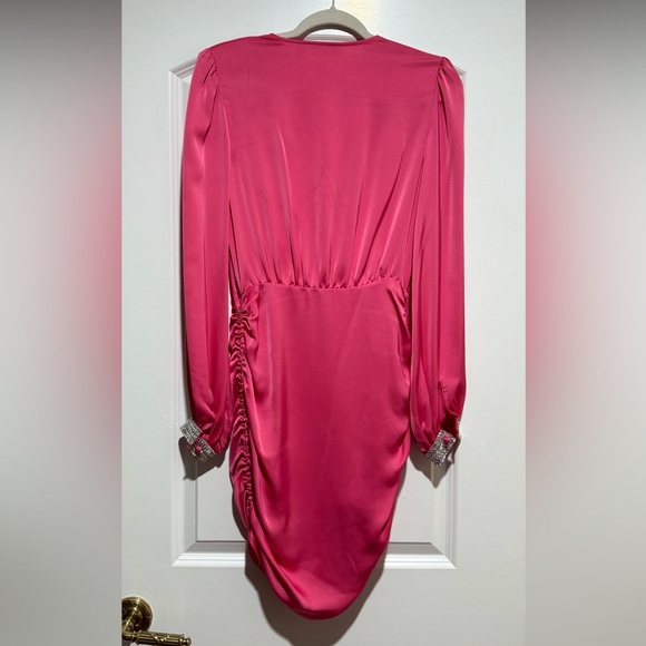 Ramy Brook Bright Pink Long-Sleeve Ruched V-Neck Mini Dress - Picture 6 of 6